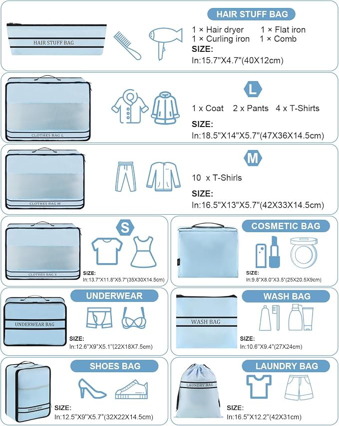 9 Set Packing Cubes Luggage Packing Organizers for Travel Accessories Space Saving Travel Bags for Carry On, Lightweight Mesh Zipper, Clothes, Shoes, Laundry and Shoe Bag, Suitcases (Blue) - Image 4