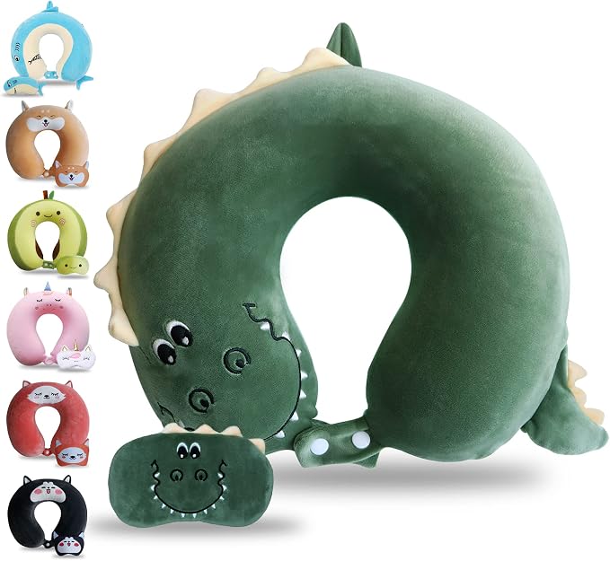 Sexysamba Cartoon Headrest & Neck Pillow for Kids Boys & Girls, Teens, Travel Accessories for Airplane, Car, Recline, Memory Foam Cute Travel Pillow with Sleep Eye Mask - Dinosaur by Sexysamba