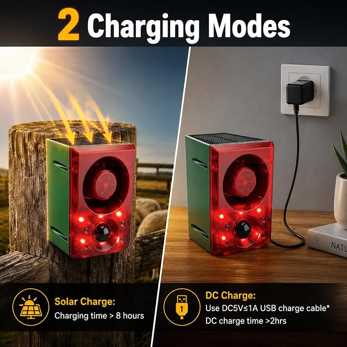 ChunHee Solar Outdoor Motion Sensor Alarm Dog Barking Gunshot Sound 130dB | Support Recording and Adjustable Volume,Loud Noise Maker 3 Work Modes Strobe Light for Home, Villa, Farm, Barn (3pack) - Image 7