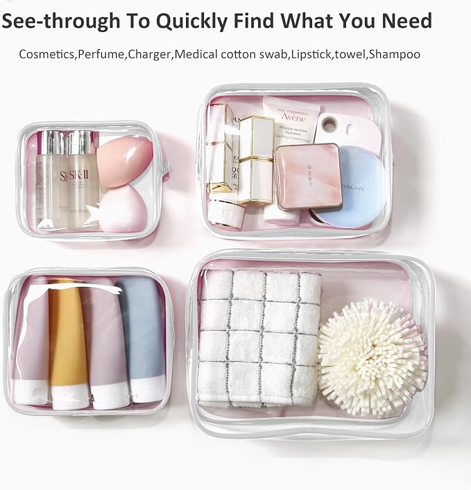 Small Clear Toiletry Bag, 4 Packs TSA Approved Water resistant Quart Size Travel Organizer, Airport Airline Travel Essential Carry On Makeup Cosmetic Bags for Women (White, Pack of 4) - Image 3