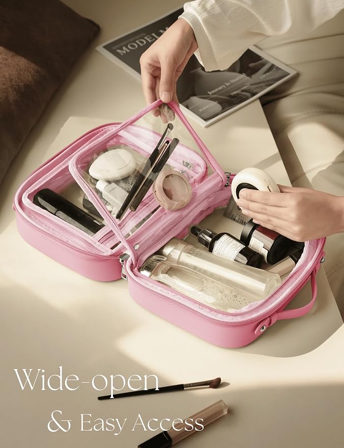 Clear Cosmetic Bag Double Layer Travel Toiletry Bag Clear Makeup Bag Case with 4 Compartments, Transparent Travel Bag for Toiletries, Large Toiletry Bag for Women Cosmetic Case (Pink, Large) - Image 2