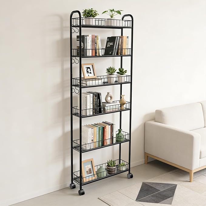 6in 6 Tier Slim Storage Cart with Wheels, Narrow Space Rolling Shelving Unit, Metal Wire Mobile Organizer Rack for Kitchen Bathroom Office Laundry - Image 3