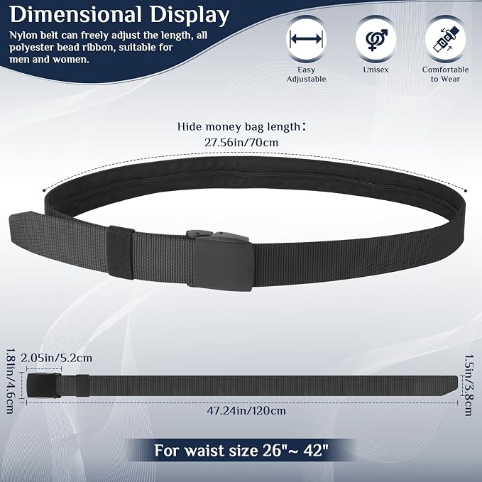 Money Belt- Travel Security Money Belt with Secret Compartment, Anti-Theft Nylon Hidden Money Pouch with Zinc Alloy Buckle for Dad Boyfriend Men, Business Travel Daily - Image 2