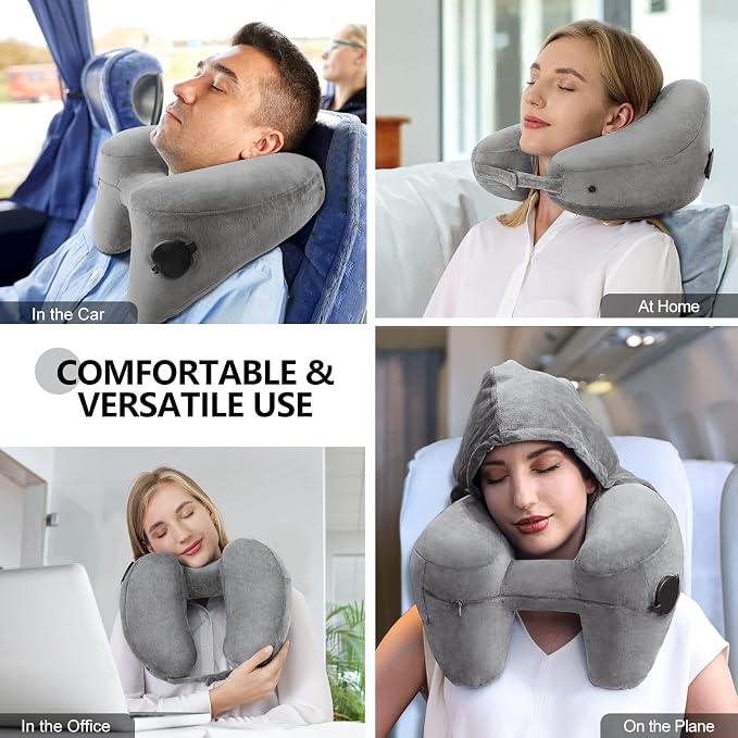 Sunany Neck Pillow for Travel Inflatable Airplane Pillow Comfortably Supports Head,Neck and Chin,Inflatable Travel Pillow with Soft Velour Cover,Hat,Portable Drawstring Bag (Grey) - Image 2