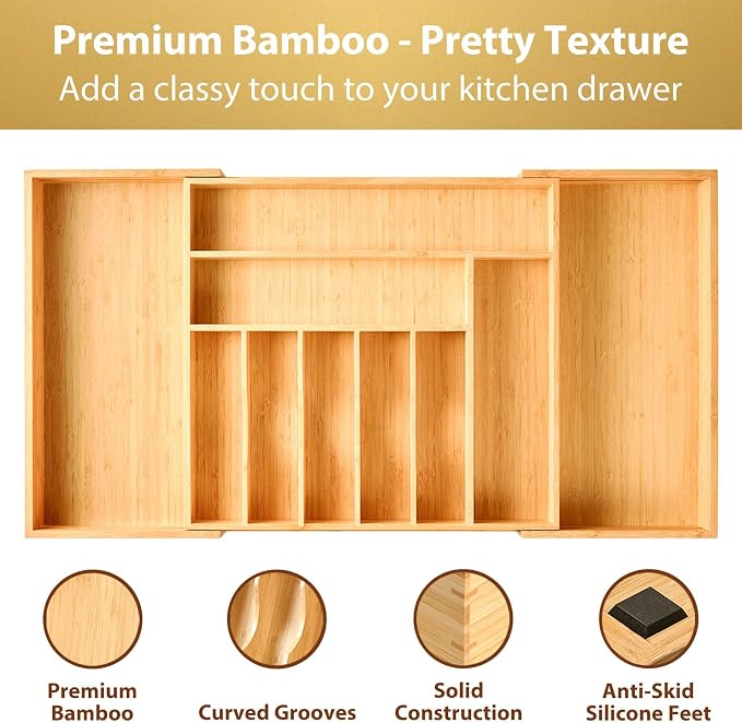 Extra Large Expandable Kitchen Siverware Utensils Drawer Organizer, 19" Deep for Big Drawer, Adjustable Bamboo Wood Drawer Divider with Curved Grooves, Cutlery Tray Flatware Holder - Image 3