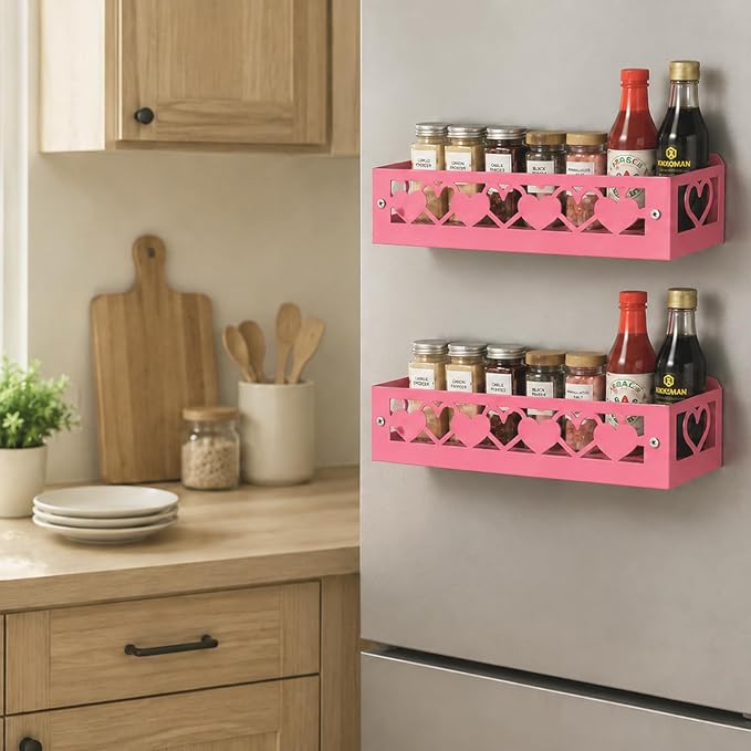 OYEFLY Pink Heart Magnetic Spice Rack for Refrigerator, Metal Magnetic Shelf Basket, Cute Fridge Organizer and Storage, Pink Kitchen Accessories for Spice Storage, Cabinet or Laundry Room (2) - Image 6