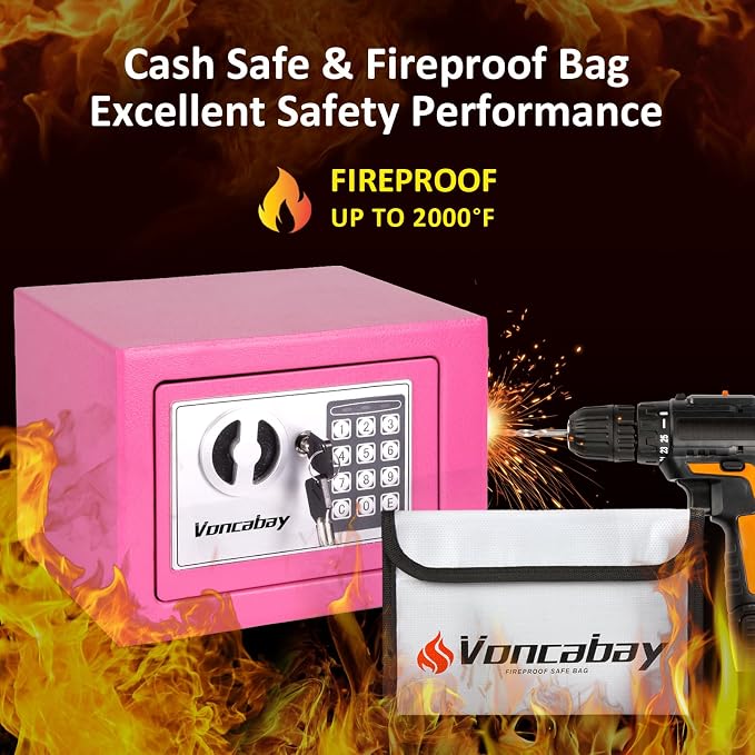 Voncabay Money Safe Box for Home with Digital Keypad, 0.23 Cu. Ft., Pink | Alloy Steel, Sensor Light, Fireproof Bag Included, 2 Override Keys, 4 Mounting Screws, Carpeted Mat, 9 x 6.6 x 6.5 In. - Image 3