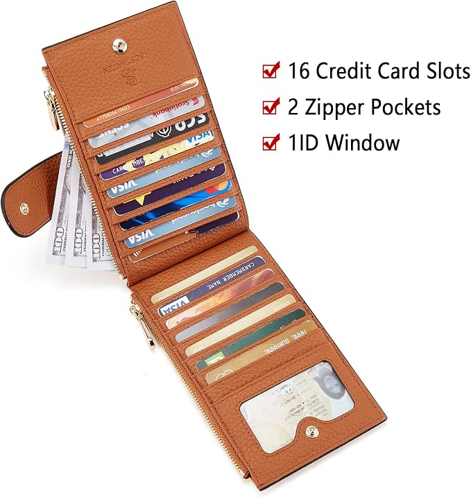 BOSTANTEN Leather Womens Wallet Large RFID Blocking Slim Card Holder | 16 Card Slots, 2 Zipper Pockets, Bifold, Long, Fits Most Purses, Organized Everyday Carry, Ladies Gifts, Brown - Image 3