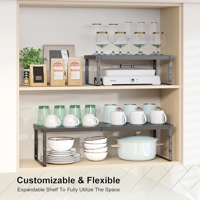 RUILALIFE Expandable Cabinet Organizer Shelf With Adjustable Height, Stackable Kitchen Countertop Organizer Rack, Adjustable Shelf Riser For Kitchen Counter, Pantry, Cupboard, Desk, Tabletop - Image 2