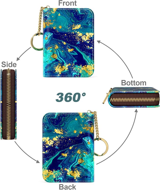 Nipichsha Women's Slim Leather RFID Wallet, Ocean Marble, 4.33 x 3.15 in | Leather Card Holder Wallet, Credit Card Wallet Organizer, Business Card Case with Zipper & Keychain, 12-Slot Compartment - Image 2