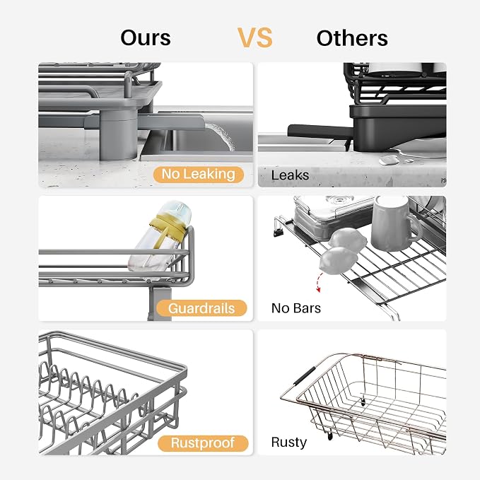SNTD Expandable Dish Drying Rack for Kitchen Counter, Stainless Steel, Grey | Foldable Over Sink, Large Capacity, Adjust to Fit Most Sinks, Angled Drainboard, Removable Utensil Holder, Slip Resistant - Image 4