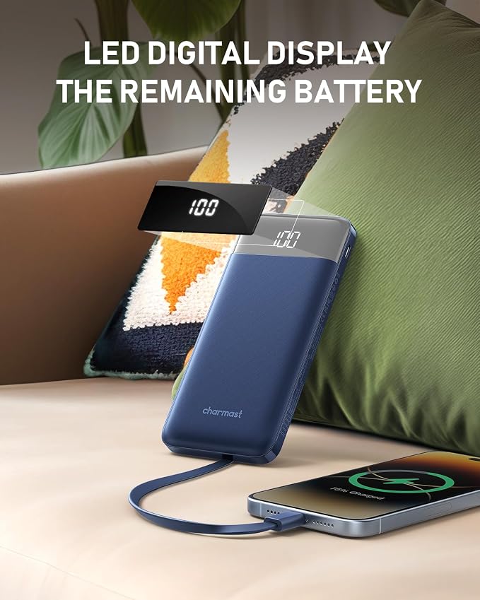 charmast Portable Charger Built-in Cables, 10000mAh Slim Power Bank Pocket | 22.5W Fast Charging Battery Pack for iPhone 17/16/15 Samsung Android, Flight-Approved, Multi-Device, USB-C, Daily Commute - Image 7