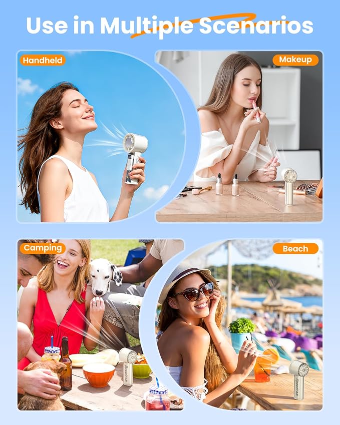 Portable Handheld Turbo Fan, 5-Speed Adjustable USB-C Rechargeable with LED Digital Display & 4-Mode Flashlight, Lightweight Personal Fan for Travel/Camping/Indoor Use, White - Image 7