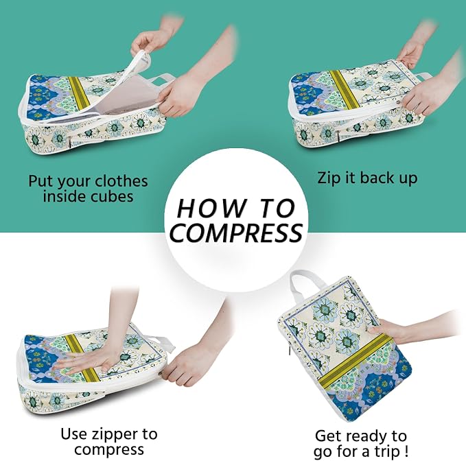 6 Pcs Compression Packing Cubes Waterproof Suitcase Travel Bag Luggage Backpack Organizer Travel Cubes for Packing-Pink and Green Bohemian - Image 7