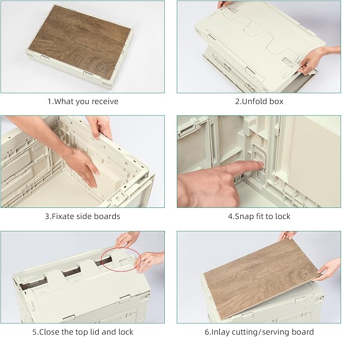 Collapsible Camping Storage Bin 60L with Lockable Doors & Cutting Board | Folds Flat, Stackable, 111 lbs Capacity, Removable Wood Board Top, 60L - Image 6