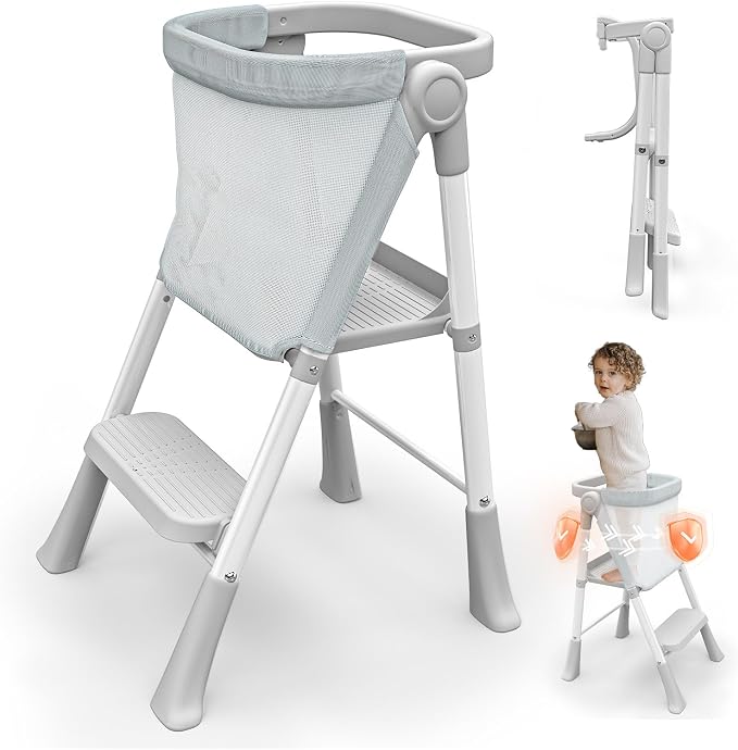 Foldable Toddler Standing Tower, Kitchen Helper Stool for Kids 1.5-6 Years | Safety Rail & Net Foldable Design Non-Slip Stable Easy Clean Portable Space Saving Storage Quick Assembly Montessori Grey by RGKQSY