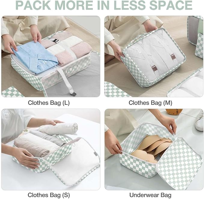 8 Set Packing Cubes for Suitcases,Suitcase Organizer with Shoe,Cosmetics,Clothing, and Accessories Bags for Travel Luggage Organizer Women Men(Green Checkered) - Image 4