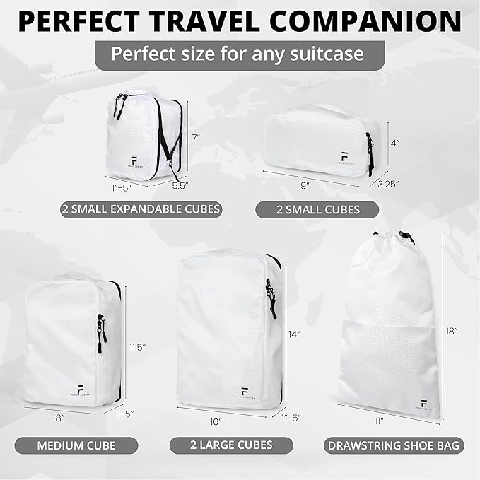 8 Piece Compression Packing Cubes Set - Double Capacity Design for Travel - Small, Medium & Large Sizes - Carry-On Suitcase Organizer Bags (White) - Image 6