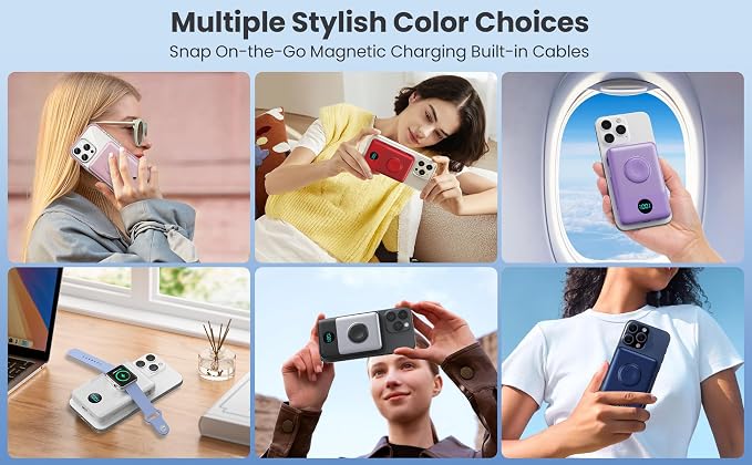 Magnetic Portable Charger 10800mAh with Built-in Cables,Wireless Power Bank for Magsafe,25W PD Fast Charging USB-C Travel Essentials Battery Pack for iPhone 17/16/15/14/13/12 Series,Apple Watch-Black - Image 8
