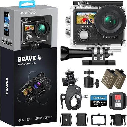 AKASO Brave 4 Action Camera 4K30fps with 256GB MicroSD U3 Card Bundle | 20MP EIS WiFi 170° FOV 5X Zoom Waterproof Underwater Camera for Snorkel, Travel, Bicycle, Helmet, Motorcycle Accessories Kit by AKASO