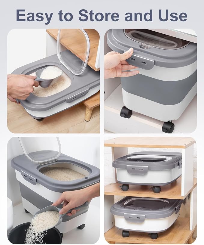 20-30 Lbs Rice Storage Container,Collapsible Food Storage Containers | Flour Storage Container with Wheels Airtight Locking Lid,Rice Container with Cup and Scoop,Suitable for Rice,Pet Food,Flour - Image 4