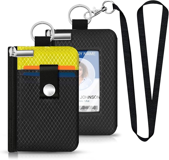Minimalist RFID Blocking Small Wallet with ID Window,WaterResistant Zip Id Case Wallet with Lanyard Keychain for Cards,Cash,Travel,Women,Men (Black/Lemon Yellow) - Image 6