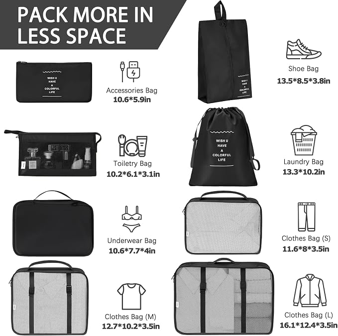 KPX 8 Set Packing Cubes for Travel, Luggage Packing Organizers Accessories Large Toiletries Bag for Clothes Shoes Cosmetics (Black) - Image 2