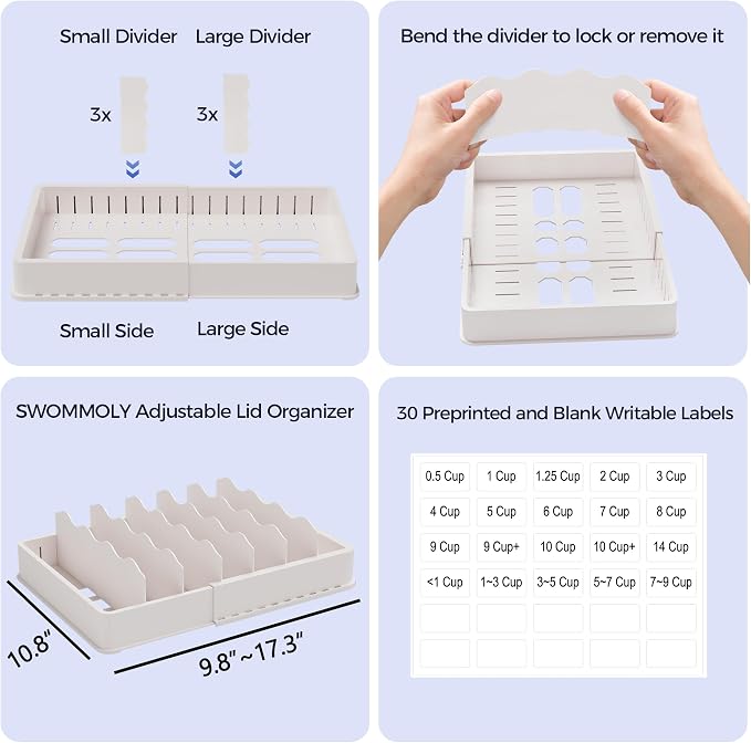 SWOMMOLY Expandable Food Container Lid Organizer for Kitchen Cabinet | Expands 9.8" to 17.3", Lid Holder with 6 Adjustable Dividers, 30 Writable Labels for Cabinets, Drawers and Pantry Storage - Image 6