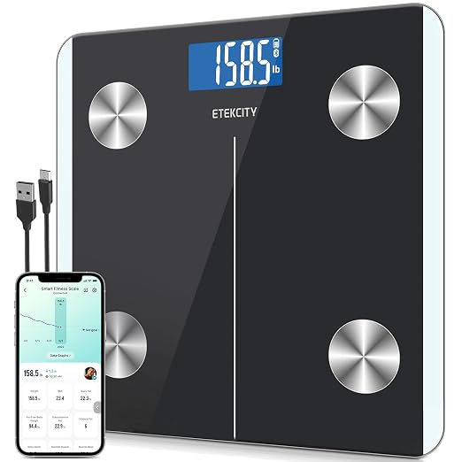 Etekcity Rechargeable Smart Scale for Body Weight, Bluetooth, 400 lb | Digital bathroom scale tracks BMI, body fat and muscle mass, with accurate weighing and smartphone app sync by Etekcity