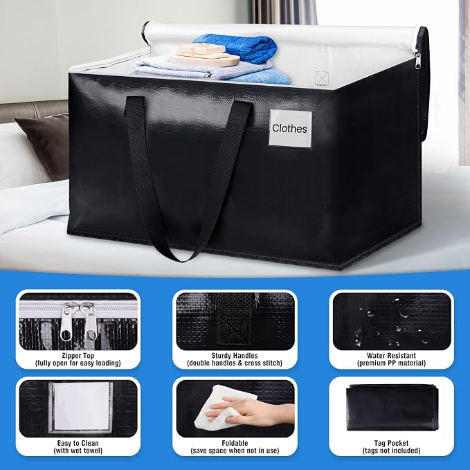 Heavy Duty Moving Bags, Extra Large Storage Bags, 93L, 4-Pack, Black | Foldable, with Zippers, Tag Pocket & Handles, Reusable, Space-saving, Water-Resistant, for moving & storage, Versatile Use - Image 4