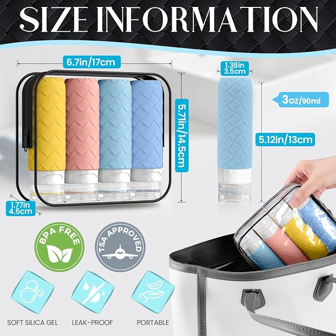 Silevoler Travel Bottles for Toiletries, TSA-Approved Travel Size Container | Woven Pattern BPA Free Silicone Leak Proof Refillable Liqus Shampoo And Conditioner Essentials Toiletry Bottles(Bright) - Image 3