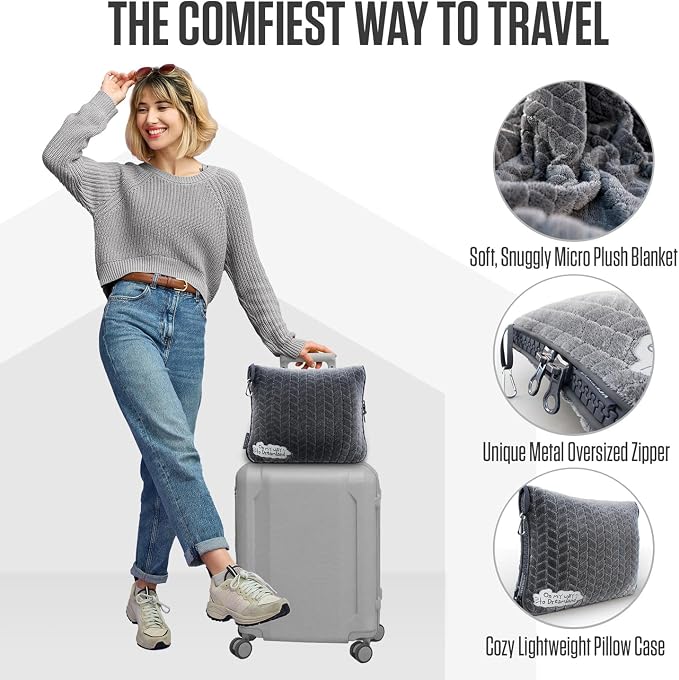 VENTURE 4TH Travel Blanket Pillow, 2-in-1 Soft Plush - Gray | 68"x42" ultra-soft micro plush Blanket. Folds into portable Pillow Case with Travel Sleeve & Clip. Lint-free, no shedding. - Image 3