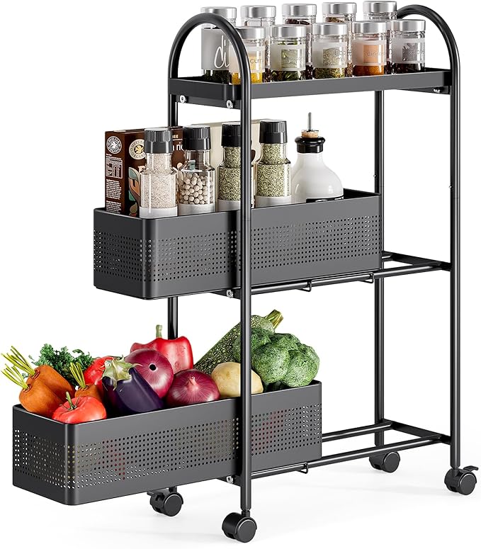 KINGRACK 3 Tier Slim Rolling Cart with Drawer, Metal Utility Storage Cart | 2 Pull-out Baskets, Lockable Wheels, Narrow Space Trolley Organizer for Bathroom, Kitchen, Office, Dorm, Laundry Room, Black by KINGRACK