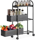 KINGRACK 3 Tier Slim Rolling Cart with Drawer, Metal Utility Storage Cart | 2 Pull-out Baskets, Lockable Wheels, Narrow Space Trolley Organizer for Bathroom, Kitchen, Office, Dorm, Laundry Room, Black by KINGRACK