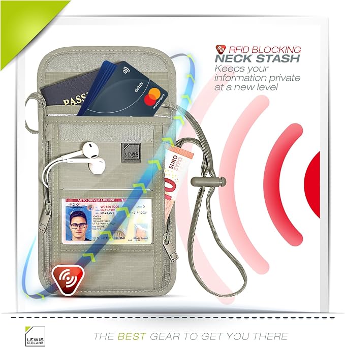 Lewis N. Clark RFID Blocking Stash Neck Wallet, Travel Pouch + Passport Holder for Women & Men, Taupe - Image 3