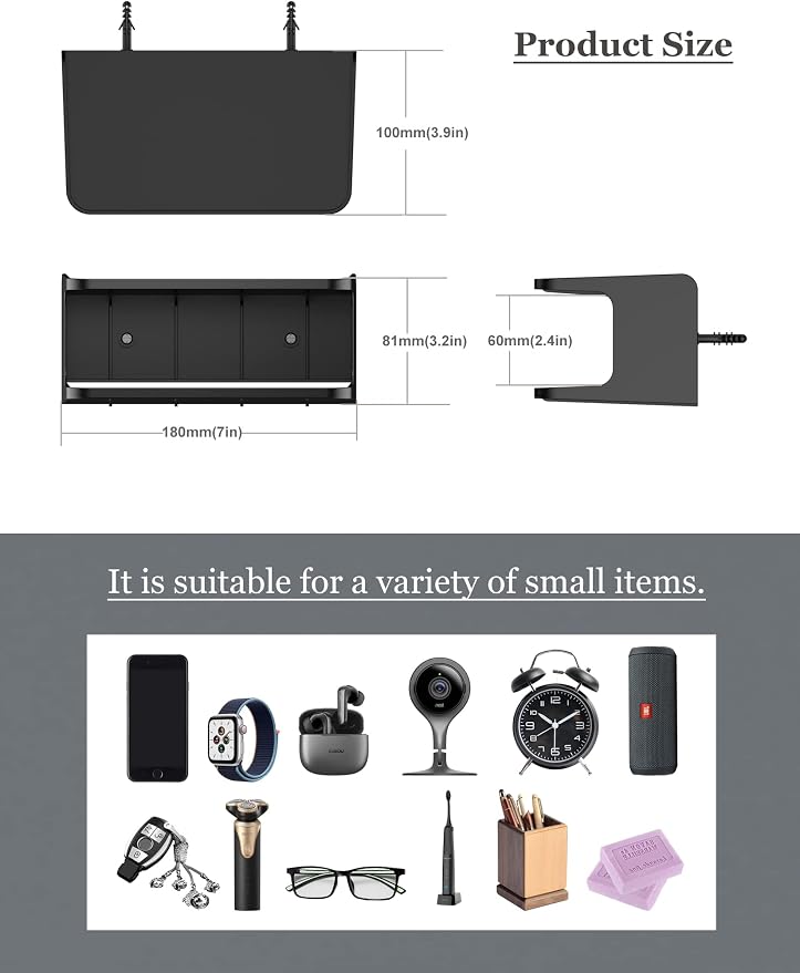 Bedside Wall Shelf Organizer, Small Bedside Shelf, (Black) | Wall Mount for Bed, Stick on Wall Shelf, Double Tray Holder for Storing Cellphone, Glasses, Keys, Camera , Alarm Clock - Image 3