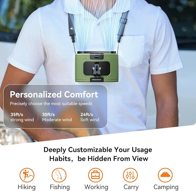 Doublepow 10000mAh Portable Waist Fan, Personal Dual Waist Fan, Clip On Belt Hanging Neck, Dual Motor 20H&10 Speed 16000RPM Strong Airflow, USB Rechargeable Fans, for Outdoor Work Travel(K60-Green) - Image 2