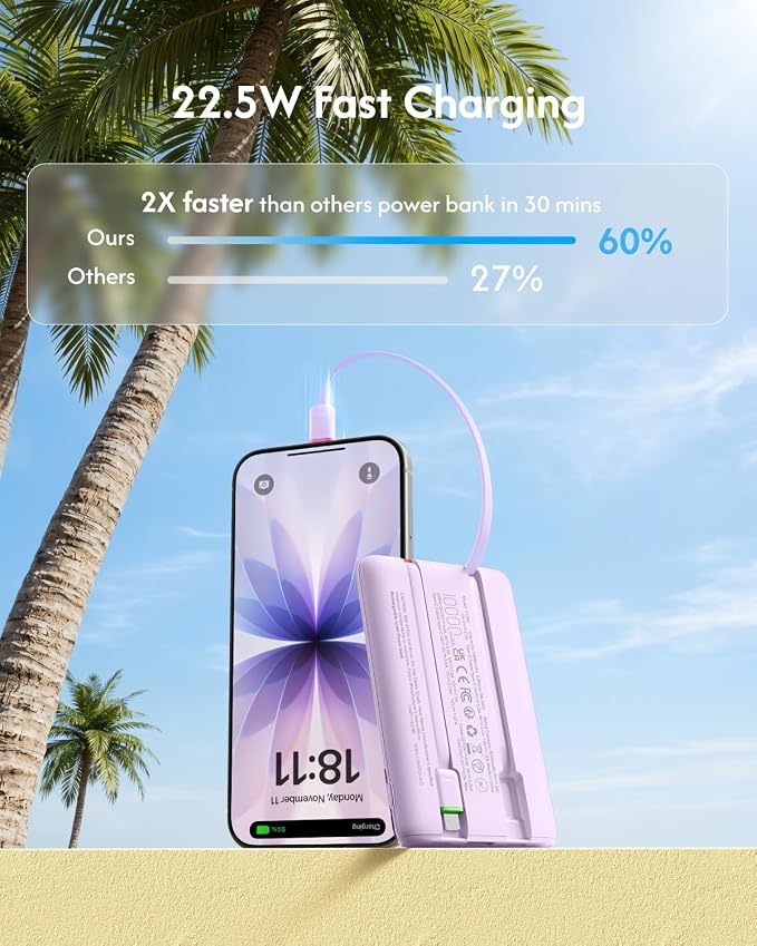 VEGER 10000mAh 22.5W Fast Charging Portable Charger with Built-in Cables | 0.4lb Slim USB C Power Bank, Small Battery Pack for iPhone 17/16/15/14/13 iPad Samsung, Flight Safe, Travel Essential, Purple - Image 3