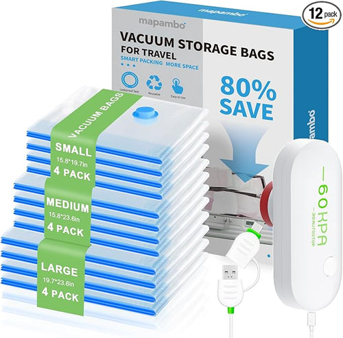 12 Pack Vacuum Seal Bags for Clothing Travel with -60000Pa USB Pump, Save 80% of Space for Clothes (12 Combo) by Mapambo