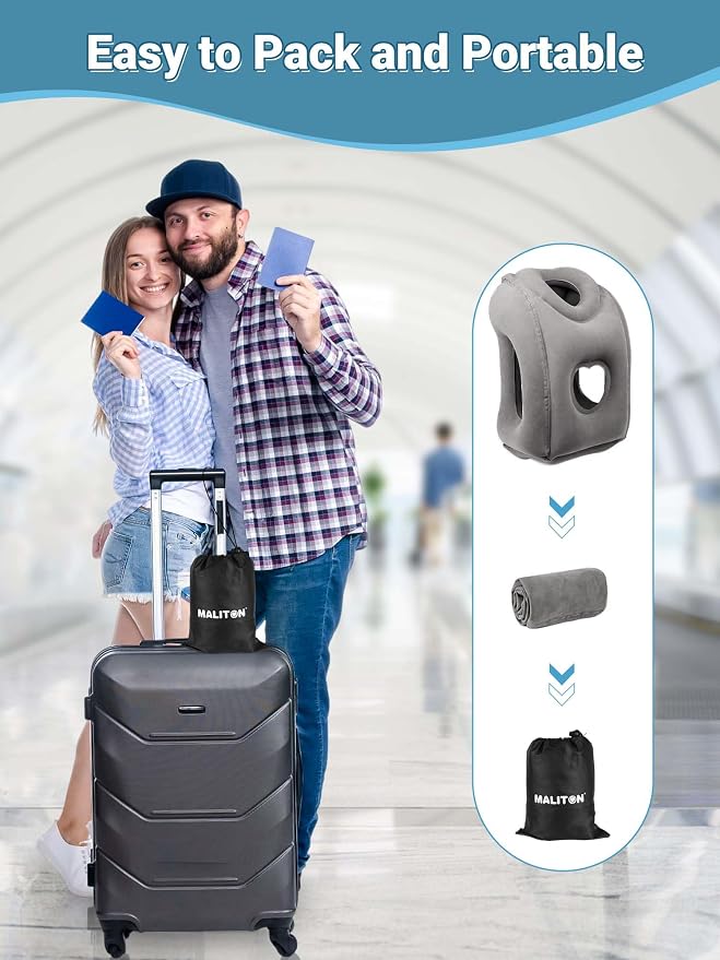 Maliton Inflatable Travel Pillow for Airplane (Dark Grey) | Comfortable Sleeping to Relieve Neck & Shoulder Pain,Support Head Inflatable Pillow for Long Flights, Used for Cars,Trains - Image 7