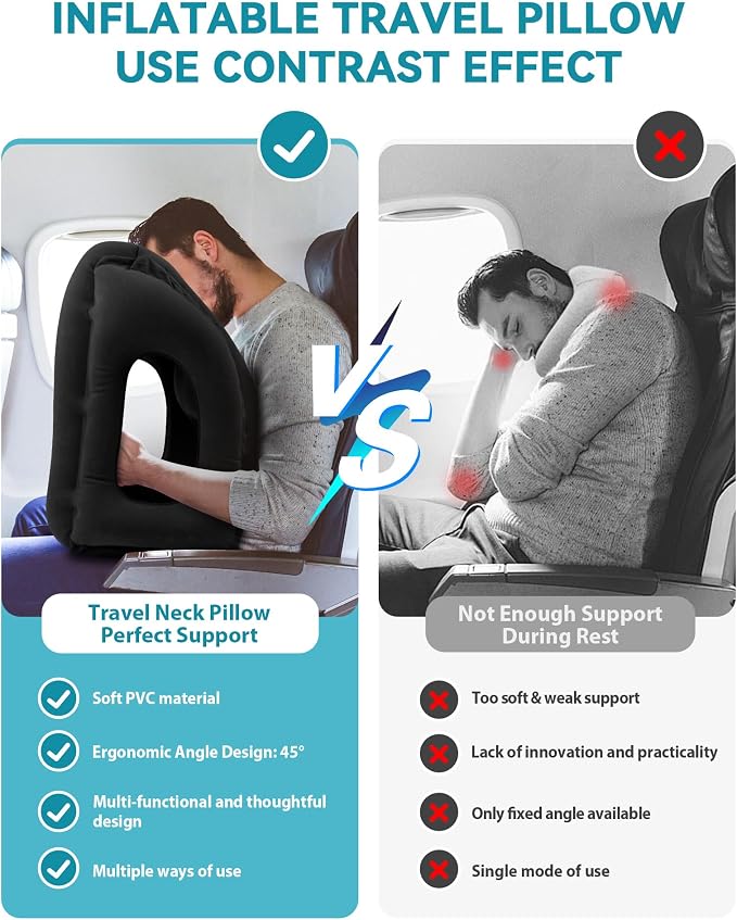 Inflatable Travel Pillow, Airplane Neck Pillow Comfortably Supports Head and Chin for Airplanes, Trains, Cars Office Napping on The Tray Table (Black) - Image 5