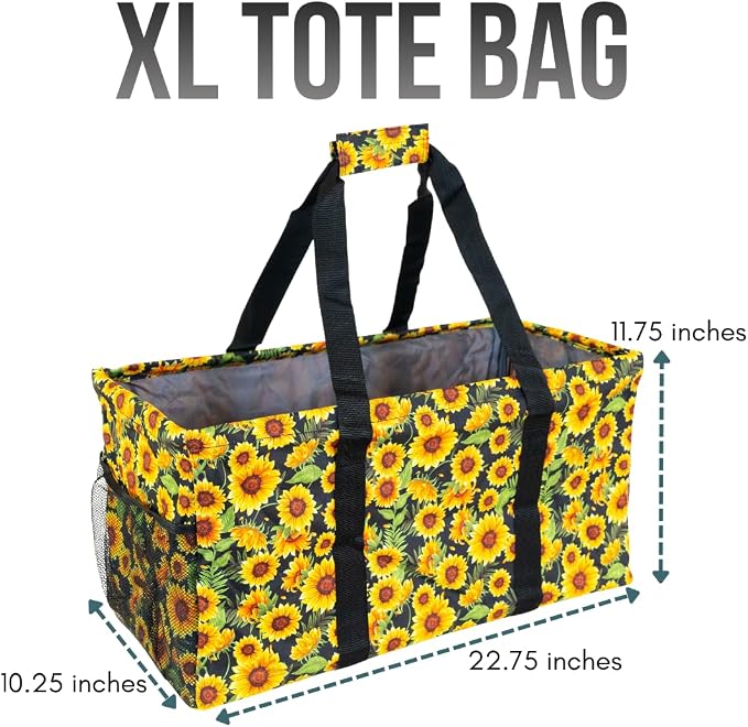 Extra Large Utility Tote Bag - Oversized Collapsible Reusable Wire Frame Rectangular Canvas Basket With Two Exterior Pockets For Beach, Pool, Laundry, Car Trunk, Storage - Sunflower - Image 4