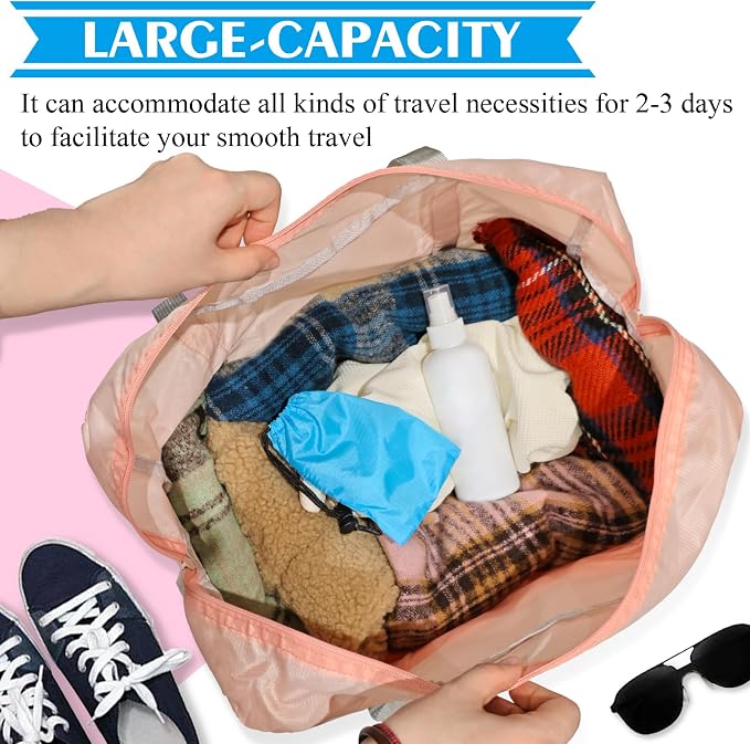 Foldable Travel Duffel Bag 2PCS Tote Carry on Luggage Bag Spirit Airlines Personal item Sports Gym Bag Water Resistant Weekender Overnight Bags for Women and Men (Pink+Red) - Image 7