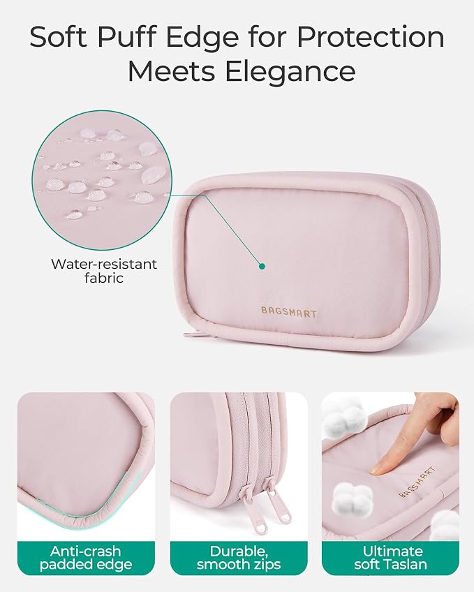 BAGSMART Electronics Organizer Travel Case for Cords Chargers Phones, Pink | Puffy Padded, Travel Essentials, Cord organizer bag for Cables, Compact Tech Accessories Pouch - Image 5