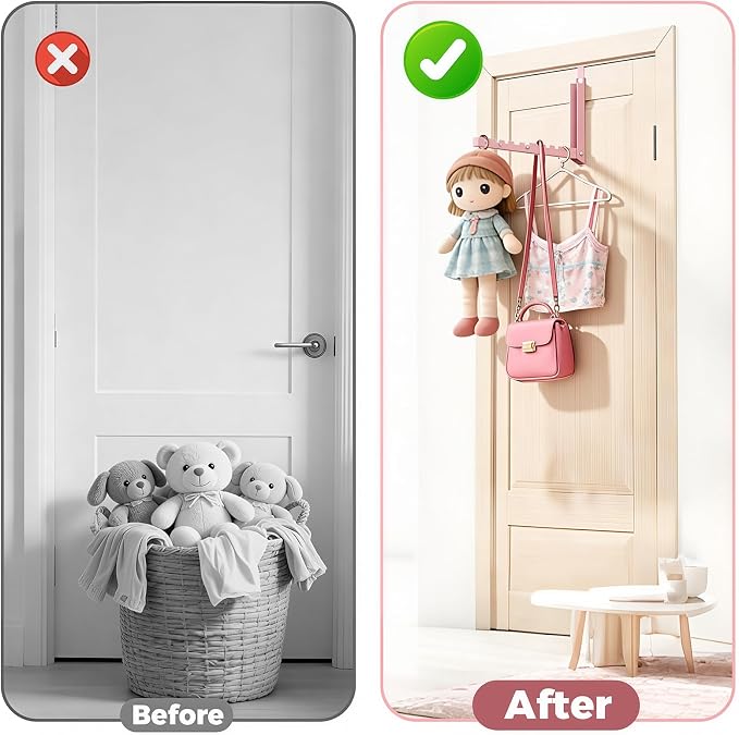 Pink Over the Door Hooks,Foldable Over the Door Hanger for Clothes | Heavy-duty for up to 1 3/4" thick door, with 10 slots for hanging clothes, perfect for laundry rooms and bedrooms to hang - Image 6