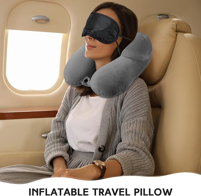 Sintuff 2 Pack Inflatable Travel Pillow for Airplanes Inflatable Neck Flight Pillows with Compact Bag and Blindfold for Traveling, Airplane, Train, Car, Office(Black and Dark Gray) - Image 5