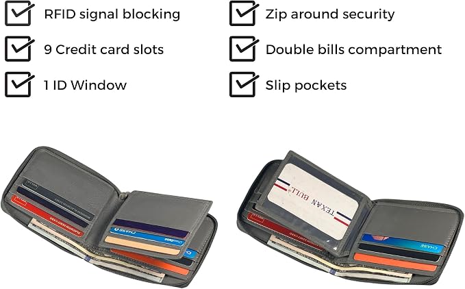 RFID Blocking Bifold Cowhide Leather Wallets For Men With Zipper Security | Safe Metal Zip Chain 9 Card-ID Slim Minimalist Mens Wallet (Gray) - Image 4