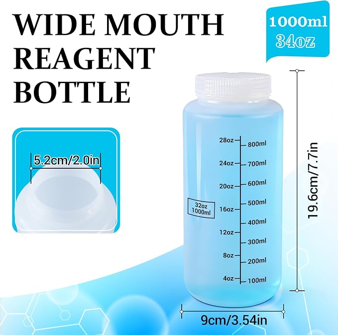 34oz/1000ml Wide Mouth Plastic Bottles with Airtight Lids, Graduated Food Grade Leak Proof PP Containers Jars for Water Sample Lab Reagent Liquid Medicine Storage (Translucent, 3 Pcs) - Image 2