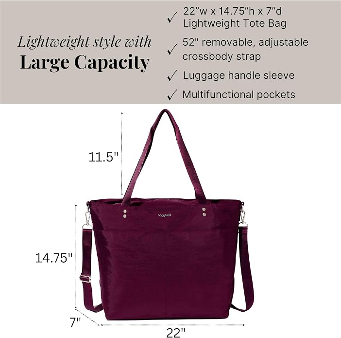Baggallini Carryall Tote - Lightweight Nylon Zipper Top Weekender Travel Beach Bag w/Luggage Sleeve - Image 4