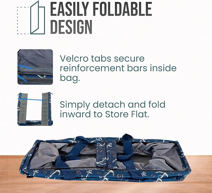 Extra Large Utility Tote Bag - Oversized Collapsible Reusable Wire Frame Rectangular Canvas Basket With Two Exterior Pockets For Beach, Pool, Laundry, Car Trunk, Storage - Anchor - Image 6
